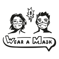 Coronavirus prevention concept. Hand drawn anime illustration. Woman and man wearing protective mask.