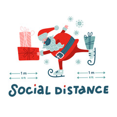Christmas social distancing infographic, cute santa claus keep 6 feet social distancing. Santa in a twine on skates. Flat vector illustration.