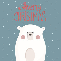 White polar bear with merry christmas hand drawn lettering.