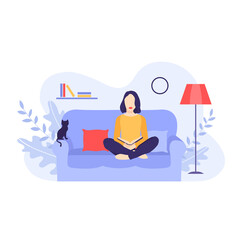 Interior illustration. A woman with red lips sitting on a sofa surrounded by houseplants and reading a book. Flat design vector on violet background