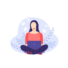 A girl with red lips sitting on a pillow at home with notebook. Flat design vector illustration on violet background