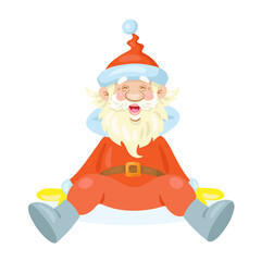 Funny Santa Claus is sitting and smiling. In cartoon style. Isolated on white background. Vector flat illustration.