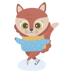 A cute little fluffy fox is skating on ice. Outdoor recreation on a white background. Christmas isolated children illustration. Winter cartoon character for print, design, sticker, textile. Vector.