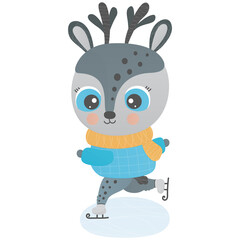 A cute little reindeer is skating on ice. White background. Christmas isolated children illustration. Funny animal. Winter cartoon character for print, nursery design, sticker, baby clothes. Vector