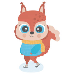 A cute little squirrel is skating on ice. White background. Winter Merry Christmas isolated toddler illustration. Figure skating. Cartoon character for print, nursery design, sticker, t-shirt. Vector.