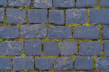 Cobblestone road for background and texture. Old road made of granite paving stones.