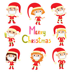 Vector set of children in santa costumes and face masks