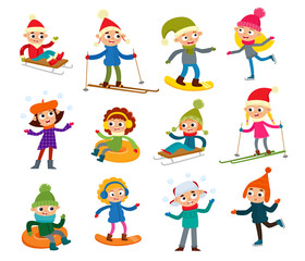 Vector set of cartoon hipster teenagers in winter clothers