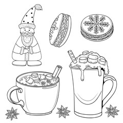 Vector holiday illustration with hot drinks, cakes and funny Santa. Outline graphic objects for your design
