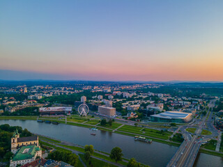Fototapeta na wymiar Aerial view of Krakow city in Poland during a sunset