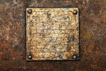 old vintage nameplate on rusty iron background, scratched and weathered, blank space for text