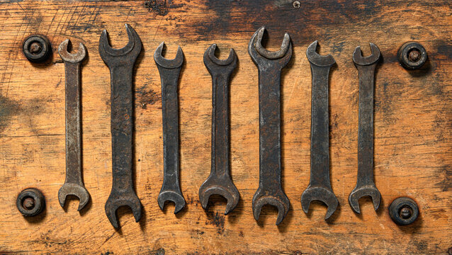 old vintage hand tool - set of wrenches on a wooden background, object in retro style