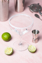 Margarita glass with salt ready to be filled. Margarita preparation