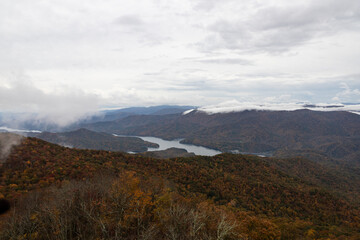 Fototapeta na wymiar View of Fontana Lake from Shuckstack Fire Tower on the Appalachian Trail in the Great Smoky Mountains National Park