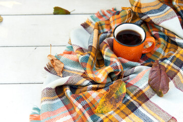 Cup of tea and warm scarf on white wooden bench, picnic in the autumn park. Fall season, weekend, teatime, still life, leisure time and tea break concept. Selective focus. Top view, copy space.