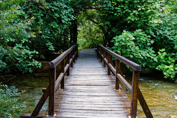 view on an old wood footbridge crossing a river in the forest