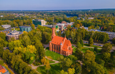 Aerial view of Lithuanian resort Druskininkai church in city park