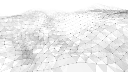 Futuristic white futuristic background. Wave with connecting dots and lines on wave background. Abstract interlacing lines and points. Digital connection of elements. Imitation waves.