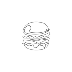 Single continuous line drawing American burger logo label. Emblem fast food sandwich restaurant concept. Modern one line draw design graphic vector illustration for cafe, shop or food delivery service