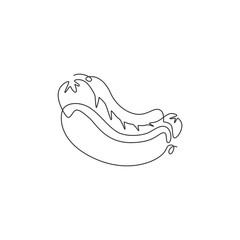 Single continuous line drawing American hot dog logo label. Emblem fast food hotdog restaurant concept. Modern one line draw design graphic vector illustration for cafe, shop or food delivery service