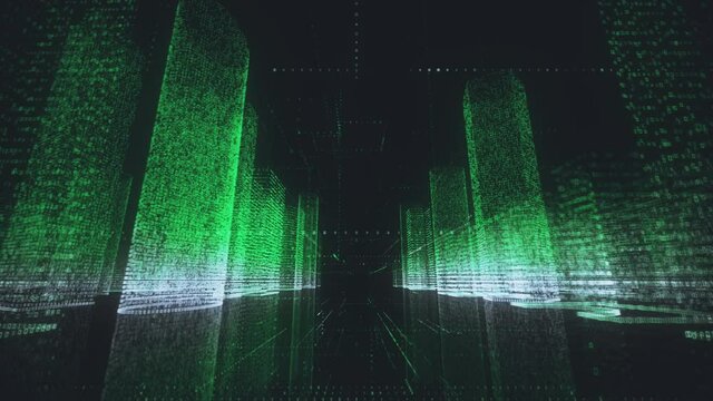 bright digital city wireframe in green and white colors consist of particles linked in lines into abstract skyscrapers around camera motion. Digital technology and communication concept background. 3D