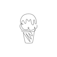 Single continuous line drawing of stylized sweet ice cream cone logo label. Emblem dessert restaurant concept. Modern one line draw design vector illustration for cafe, shop or food delivery service
