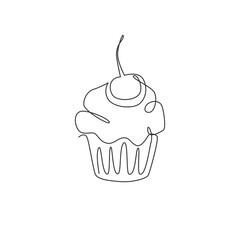 One single line drawing of fresh muffin with cherry cake online shop logo vector illustration. Sweet pastry cafe menu and restaurant badge concept. Modern continuous line draw design cookies logotype