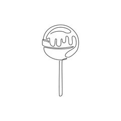 One continuous line drawing of sweet delicious online round lollipop candy shop logo emblem. Confectionery store logotype template concept. Modern single line draw design vector graphic illustration