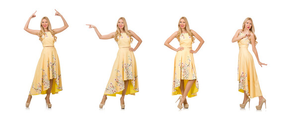 Blond girl in charming dress with flower prints isolated on whit