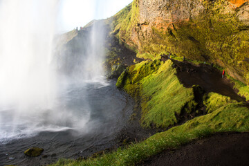 SELJALANDSFOSS, ICELAND - SEPTEMBER 19, 2018: Seljalandsfoss waterfall on Seljalands River in South Iceland, one of the most famous and visited waterfalls in Iceland