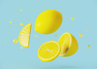 Minimal object for food and beverage concept. Yellow lemon cartoon style on blue background. 3d rendering illustration. Clipping path of each element included.
