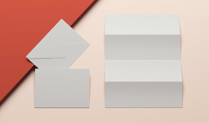 Mock-up Template for branding identity. Blank envelopes on red and beige background. 3d rendering illustration. Clipping path of each element included.