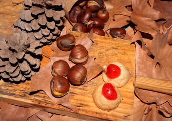 Egg yolk and confit cherry panellets, with roasted chestnuts