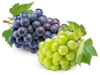 Sweet Green grape and Black grape  isolated on white background, Shine Muscat Grape and Kyoho Grape with leaves isolated on white With clipping path, 