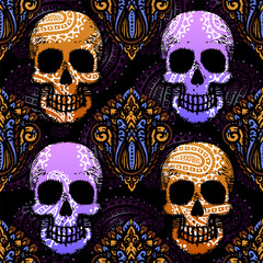 Seamless pattern with hand drawn skulls.