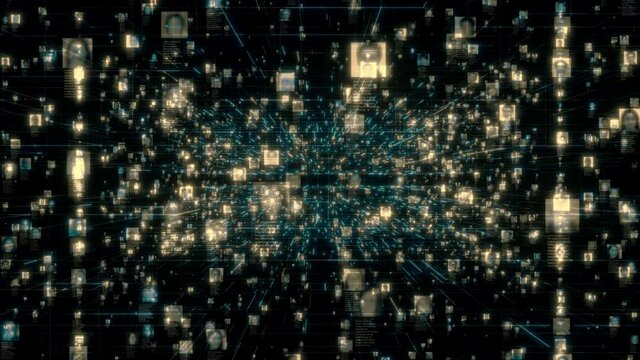 Searching in a stream of people portraits moving along dark blue colored data connections in social network. Artificial intelligence concept for business, communications, technology or social media