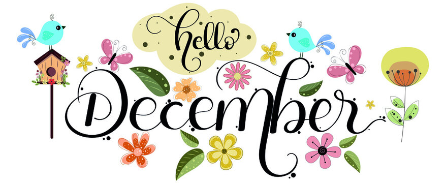"December" holidays month text creative with gifts flowers and leaves. Decoration text floral. Decoration letters, Illustration December. Christmas