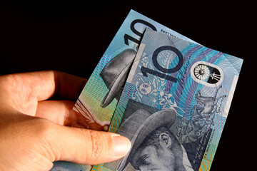 Close up of Ten Australian Dollars banknotes made up from polymer