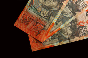 Close up of Twenty Australian Dollars banknotes made up from polymer