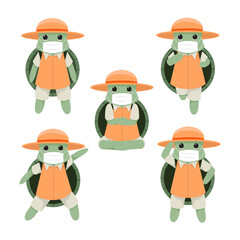 Adverturer turtle mascot character set using masker for safety vacation on pancemic