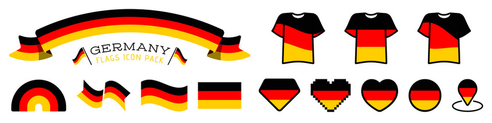 Big set of label, stickers, pointer, badge, symbol and page curl with German flag icon on design element. Collection vector illustration. Isolated on white background.