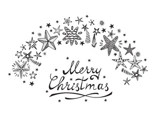 Merry Christmas card with Hand drawn doodle Fireworks and Stars. Holiday background vector illustration