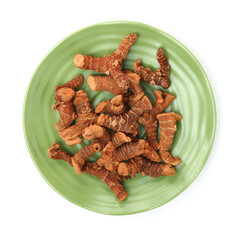 Dried galangal root isolated on white background