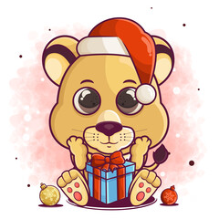 cute lion cartoon celebrate christmas illustration