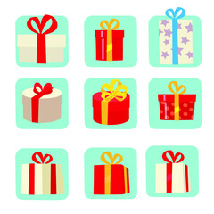 Gift boxes icons set, cartoon flat style. Isolated vector illustration. Design for stickers, logo, web and mobile app. 