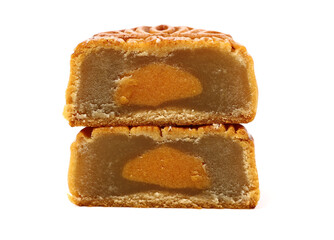 Mid-Autumn Festival moon cake on white background（Non-English texts translation :sweet red bean paste）