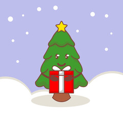 Cute Christmas tree with simple snow background