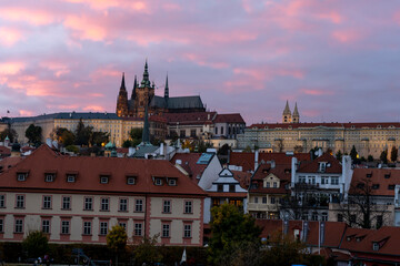 St. Vitus Cathedral and Prague Castle in the center of Prague at sunset the sky is colored by light
