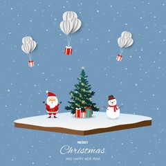 Merry Christmas and happy new year with Santa Claus,snowman and gift boxes on isometric landscape background