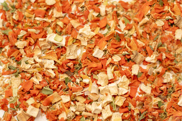 Close-up photo of Dried vegetables Full frame. Bright taste of dishes, ease of cooking. Traditional spices.